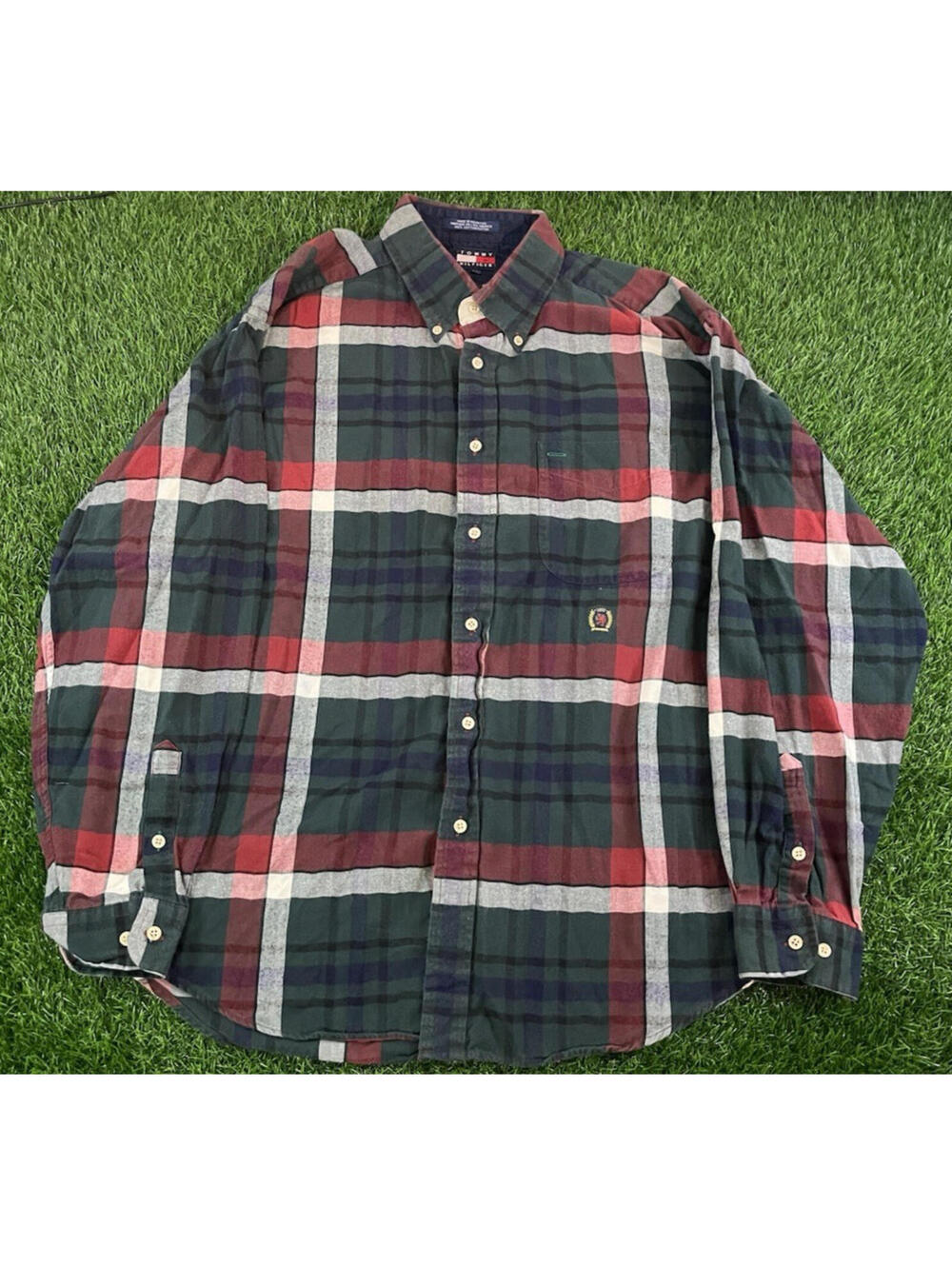 Vintage 90s Tommy Hilfiger Green & Red Plaid Button Up Flannel Shirt Mens XL